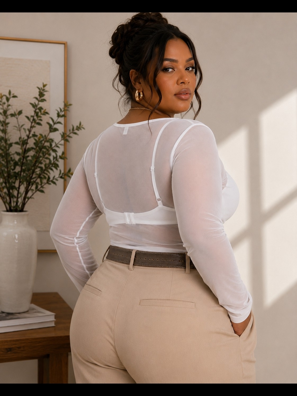 Women’s Sheer Long-Sleeve Mesh Top - White - Picture 3 of 5